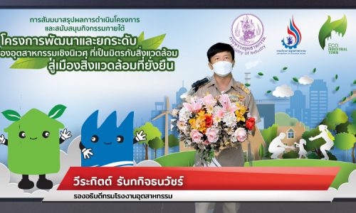 นายวีระกิตติ์ รันทกิจธนวัชร์ รองอธิบดีกรมโรงงานอุตสาหกรรม กล่าวรายงานการสัมมนาสรุปผลการดำเนินโครงการ และสนับสนุนกิจกรรมภายใต้โครงการพัฒนาและยกระดับเมืองอุตสาหกรรมเชิงนิเวศที่เป็นมิตรกับสิ่งแวดล้อมสู่เมืองสิ่งแวดล้อมที่ยั่งยืน ผ่านระบบอิเล็กทรอนิกส์