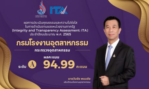 กรมโรงงานฯ ปลื้ม คว้าระดับ A คะแนน 94.99 การประเมินคุณธรรมและความโปร่งใส ปี 2565 โชว์โปร่งใส ไร้ทุจริต รับใช้ประชาชน