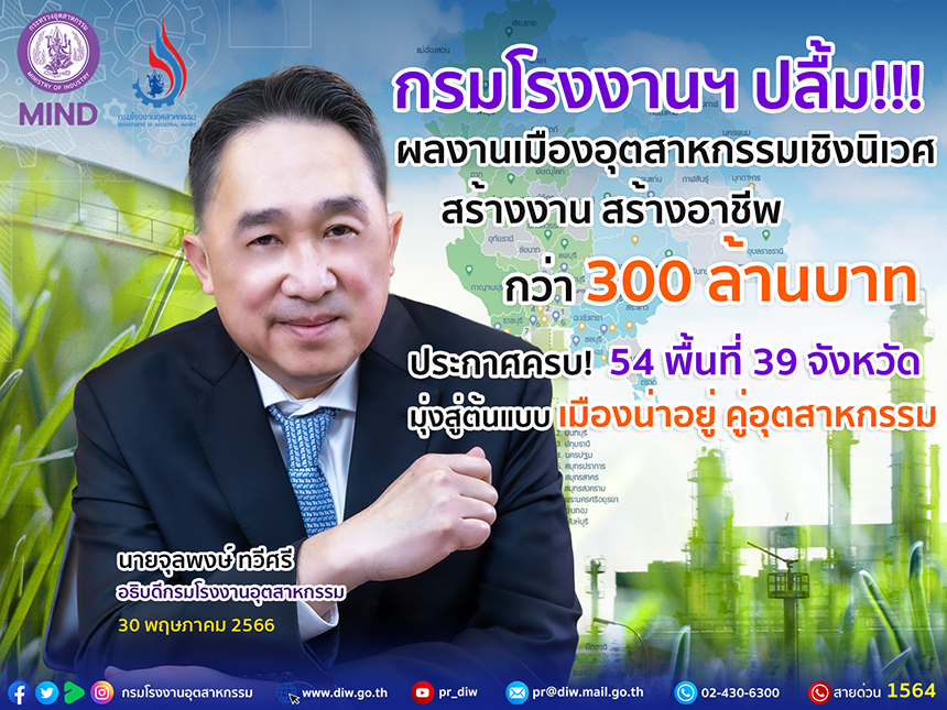 You are currently viewing กรมโรงงานฯ ปลื้ม!!! ผลงานเมืองอุตสาหกรรมเชิงนิเวศ สร้างงาน สร้างอาชีพ กว่า 300 ล้านบาท ประกาศครบ 54 พื้นที่ 39 จังหวัด มุ่งสู่ต้นแบบ ‘เมืองน่าอยู่ คู่อุตสาหกรรม’
