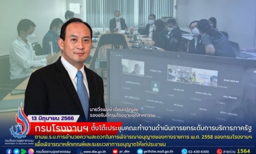 กรมโรงงานฯ ตั้งโต๊ะประชุมคณะทำงานดำเนินการยกระดับการบริการภาครัฐ ตามพ.ร.บ.การอำนวยความสะดวกในการพิจารณาอนุญาตของทางราชการ พ.ศ. 2558 ของกรมโรงงานฯ เพื่อพิจารณาหลักเกณฑ์และระยะเวลาการอนุญาตให้แก่ประชาชน