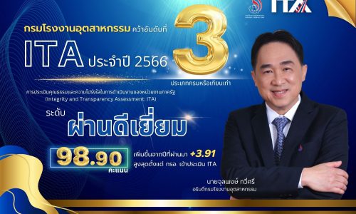กรมโรงงานฯ ปลื้ม คว้า “ITA” ระดับผ่านดีเยี่ยม การประเมินคุณธรรมและความโปร่งใส 98.90 คะแนน ก้าวขึ้นเป็นลำดับที่ 3 ของหน่วยงานประเภทกรมหรือเทียบเท่า ในปี 2566
