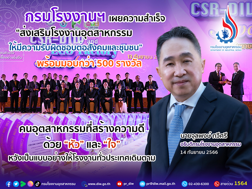 You are currently viewing กรมโรงงานฯ เผยความสำเร็จ “ส่งเสริมโรงงานอุตสาหกรรมให้มีความรับผิดชอบต่อสังคมและชุมชน” พร้อมมอบกว่า 500 รางวัล คนอุตสาหกรรมที่สร้างความดี ด้วย ”หัว” และ ”ใจ” หวังเป็นแบบอย่างให้โรงงานทั่วประเทศเดินตาม