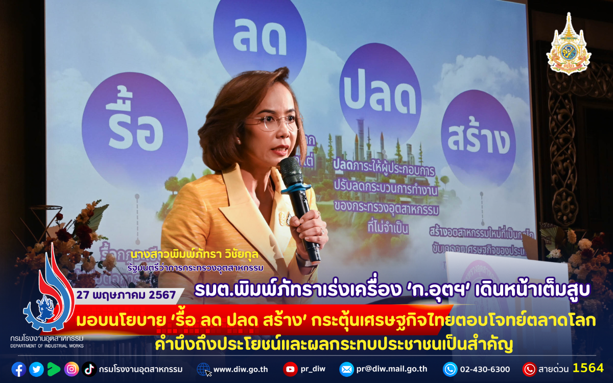 You are currently viewing 👩รมต.พิมพ์ภัทราเร่งเครื่อง ‘ก.อุตฯ’ เดินหน้าเต็มสูบ มอบนโยบาย ‘รื้อ ลด ปลด สร้าง’ กระตุ้นเศรษฐกิจไทยตอบโจทย์ตลาดโลก คำนึงถึงประโยชน์และผลกระทบประชาชนเป็นสำคัญ📈🏭⚖️🍫🎋🚗📊