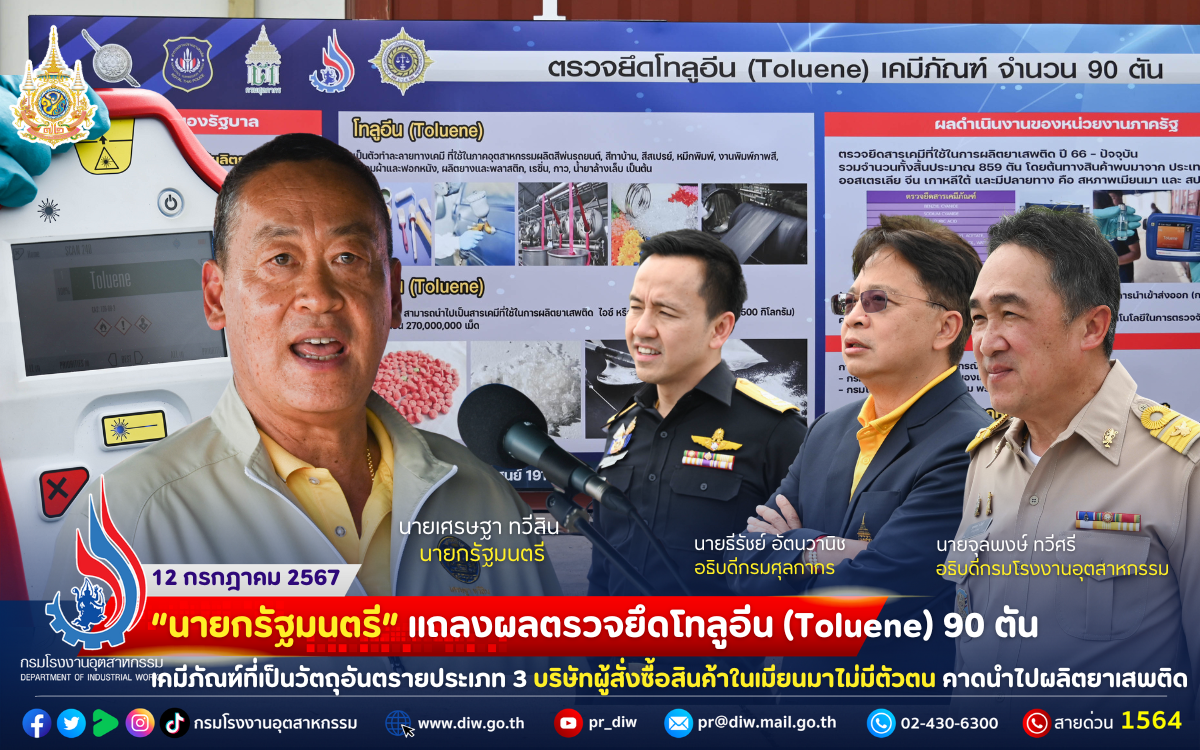 You are currently viewing “นายกรัฐมนตรี” แถลงผลตรวจยึดโทลูอีน (Toluene) 90 ตัน เคมีภัณฑ์ที่เป็นวัตถุอันตรายประเภท 3 บริษัทผู้สั่งซื้อสินค้าในเมียนมาไม่มีตัวตน คาดนำไปผลิตยาเสพติด 🛢🛢🛢🚢