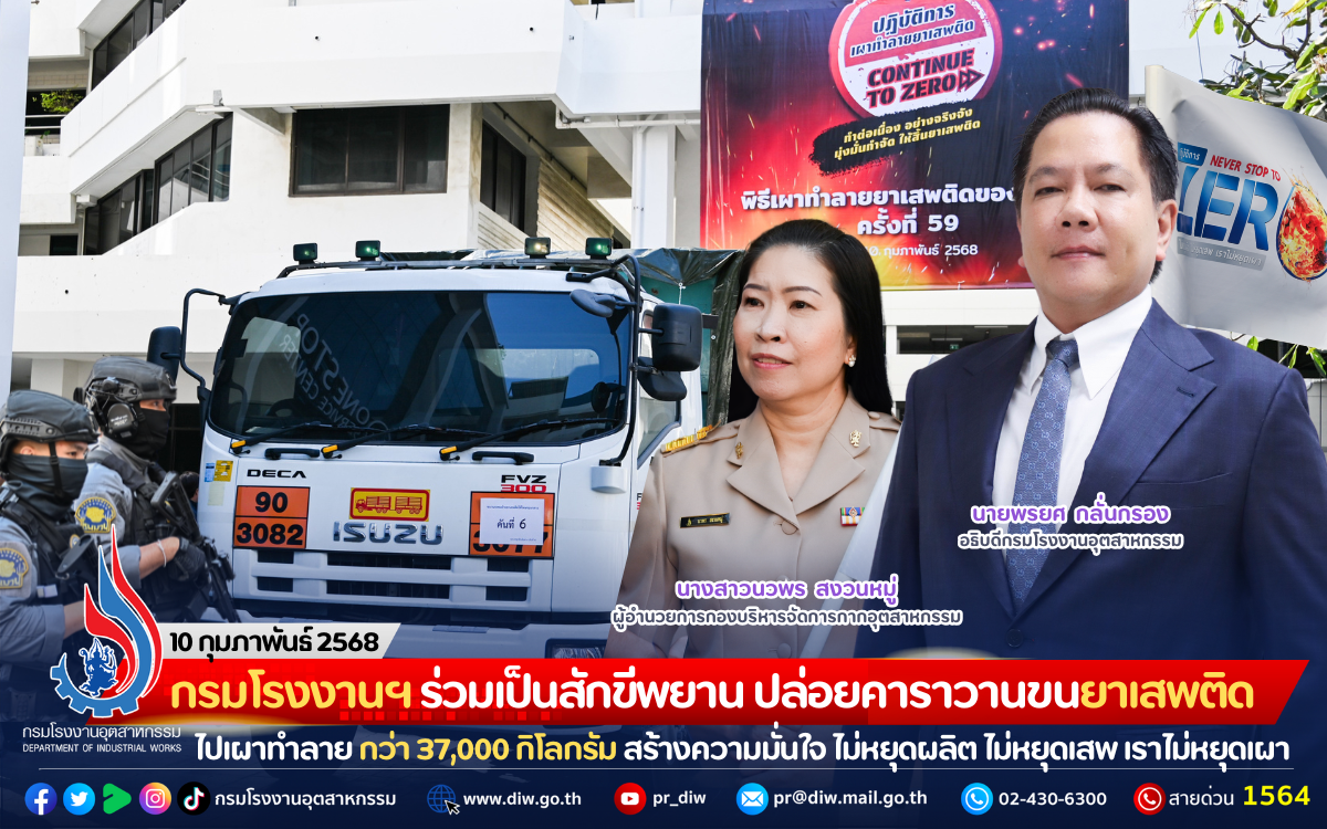 You are currently viewing กรมโรงงานฯ ร่วมเป็นสักขีพยาน ปล่อยคาราวานขนยาเสพติดของกลางไปเผาทำลาย กว่า 37,000 กิโลกรัม สร้างความมั่นใจ ไม่หยุดผลิต ไม่หยุดเสพ เราไม่หยุดเผา