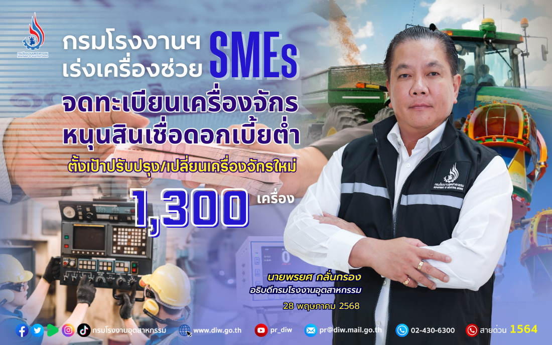 You are currently viewing กรมโรงงานฯ เร่งเครื่องช่วย #SMEs #จดทะเบียนเครื่องจักร ⚙️หนุนสินเชื่อดอกเบี้ยต่ำ 🎯ตั้งเป้าปรับปรุง/เปลี่ยนเครื่องจักรใหม่ 1,300 เครื่อง