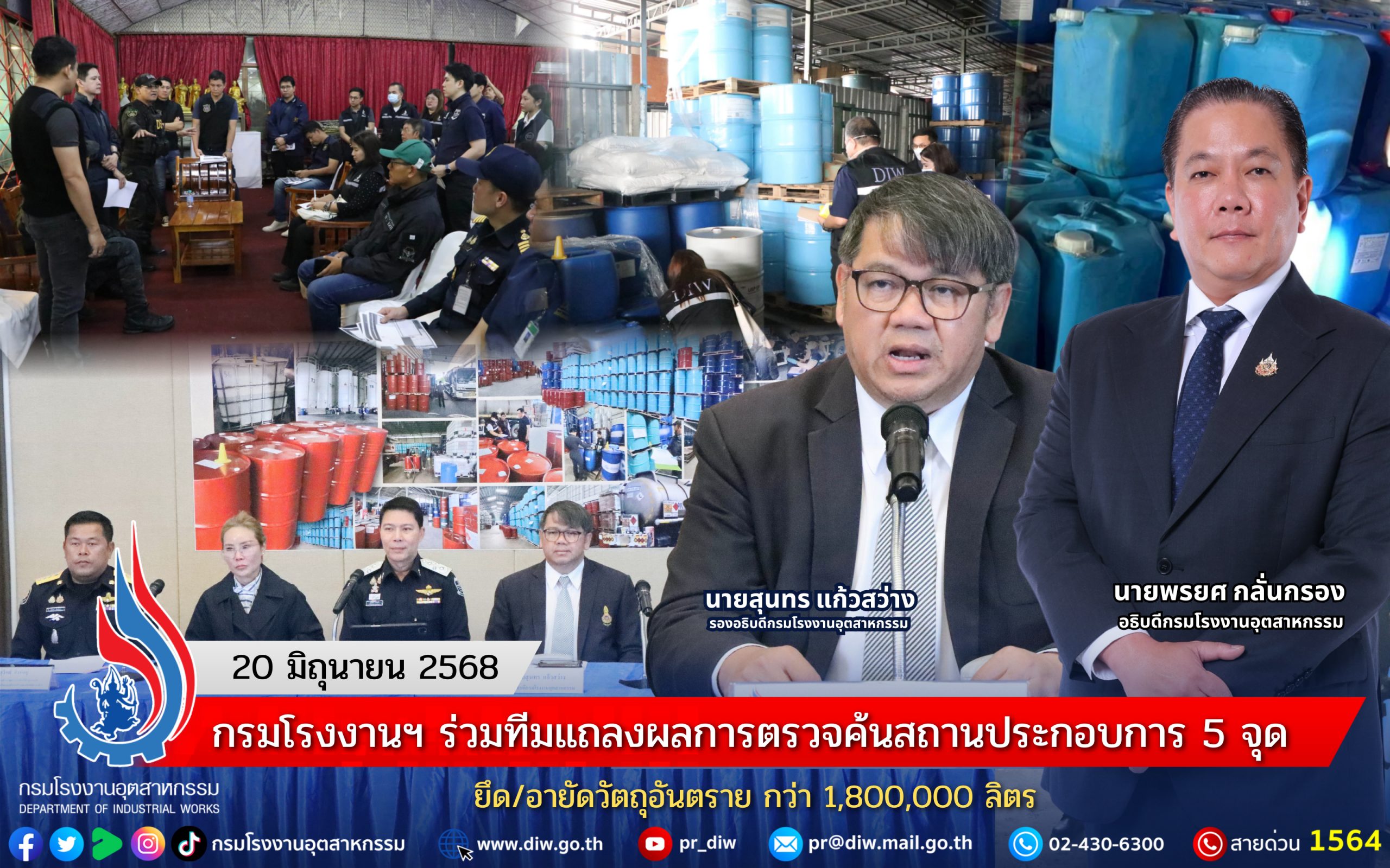 You are currently viewing กรมโรงงานฯ ร่วมทีมแถลงผลการตรวจค้นสถานประกอบการ 5 จุด ยึด/อายัดวัตถุอันตราย กว่า 1,800,000 ลิตร