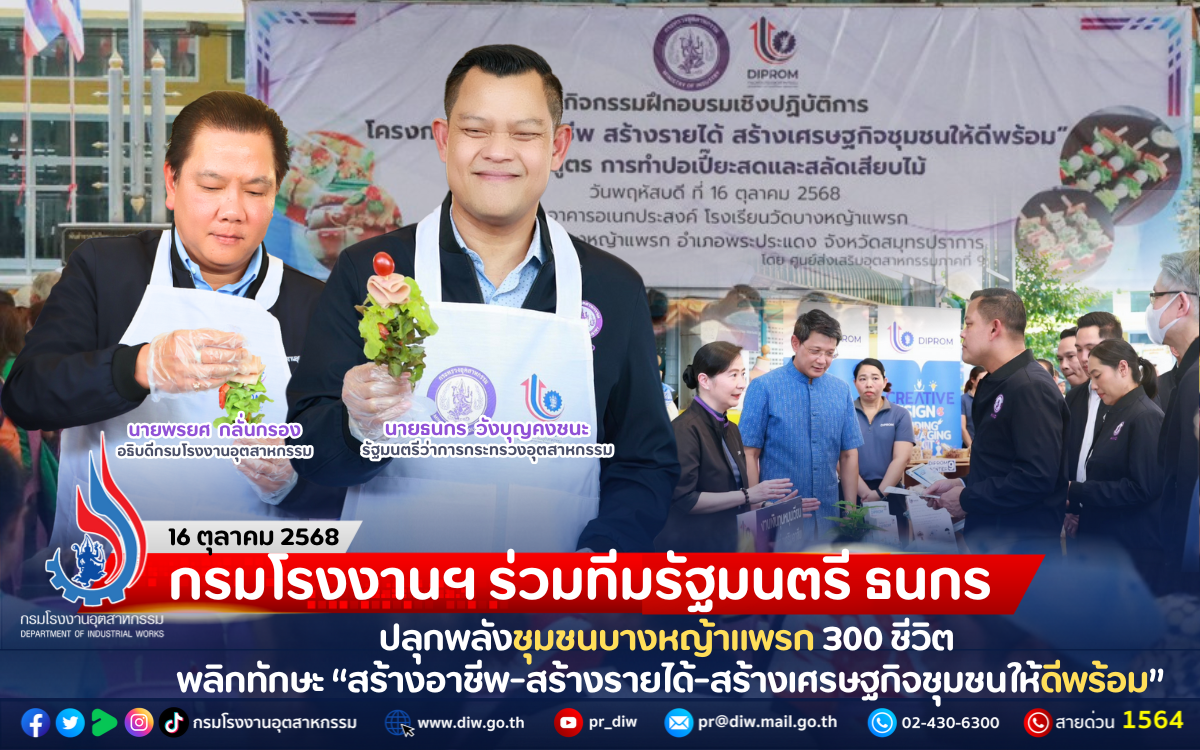 You are currently viewing กรมโรงงานฯ ร่วมทีมรัฐมนตรี ธนกร ปลุกพลังชุมชนบางหญ้าแพรก 300 ชีวิต พลิกทักษะ “สร้างอาชีพ-สร้างรายได้-สร้างเศรษฐกิจชุมชนให้ดีพร้อม”