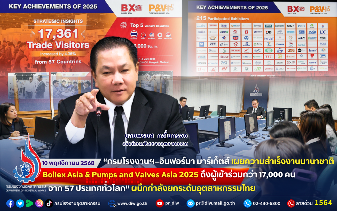 You are currently viewing 🚨“กรมโรงงานฯ– อินฟอร์มา มาร์เก็ตส์ เผยความสำเร็จงานนานาชาติ Boilex Asia & Pumps and Valves Asia 2025 ดึงผู้เข้าร่วมกว่า 17,000 คน จาก 57 ประเทศทั่วโลก”ผนึกกำลัง #ยกระดับอุตสาหกรรมไทย
