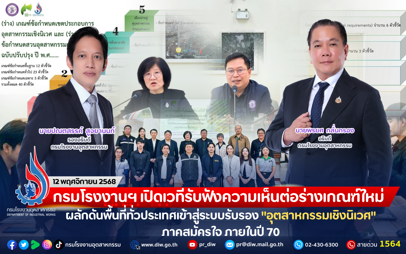 You are currently viewing กรมโรงงานฯ เปิดเวทีรับฟังความเห็นต่อร่างเกณฑ์ใหม่ ผลักดันพื้นที่ทั่วประเทศเข้าสู่ระบบรับรอง “อุตสาหกรรมเชิงนิเวศ” ภาคสมัครใจ ภายในปี 70