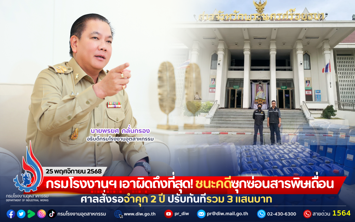 You are currently viewing กรมโรงงานฯ เอาผิดถึงที่สุด! ชนะคดีซุกซ่อนสารพิษเถื่อน ศาลสั่งรอจำคุก 2 ปี ปรับทันทีรวม 3 แสนบาท