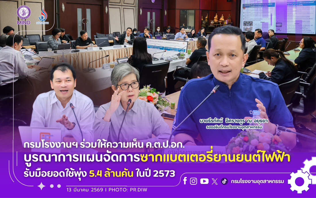 You are currently viewing กรมโรงงานฯ ร่วมให้ความเห็น ค.ต.ป.อก. บูรณาการแผนจัดการซากแบตเตอรี่ยานยนต์ไฟฟ้า รับมือยอดใช้พุ่ง 5.4 ล้านคัน ในปี 2573