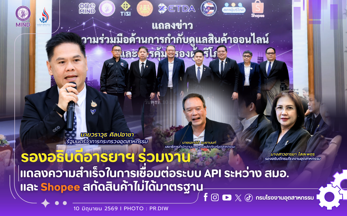 You are currently viewing รองอธิบดีอารยาฯ ร่วมงานแถลงความสำเร็จในการเชื่อมต่อระบบ API ระหว่าง สมอ. และ Shopee สกัดสินค้าไม่ได้มาตรฐาน
