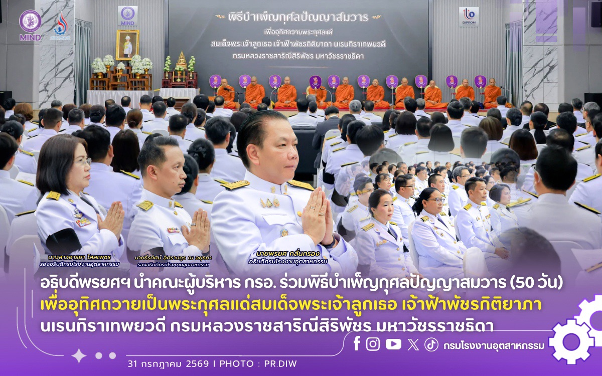 You are currently viewing อธิบดีพรยศฯ นำคณะผู้บริหาร กรอ. ร่วมพิธีบำเพ็ญกุศลปัญญาสมวาร (50 วัน) เพื่ออุทิศถวายเป็นพระราชกุศลแด่ สมเด็จพระเจ้าลูกเธอเจ้าฟ้าพัชรกิติยาภา นเรนทิราเทพยวดี กรมหลวงราชสาริณีสิริพัชร มหาวัชรราชธิดา