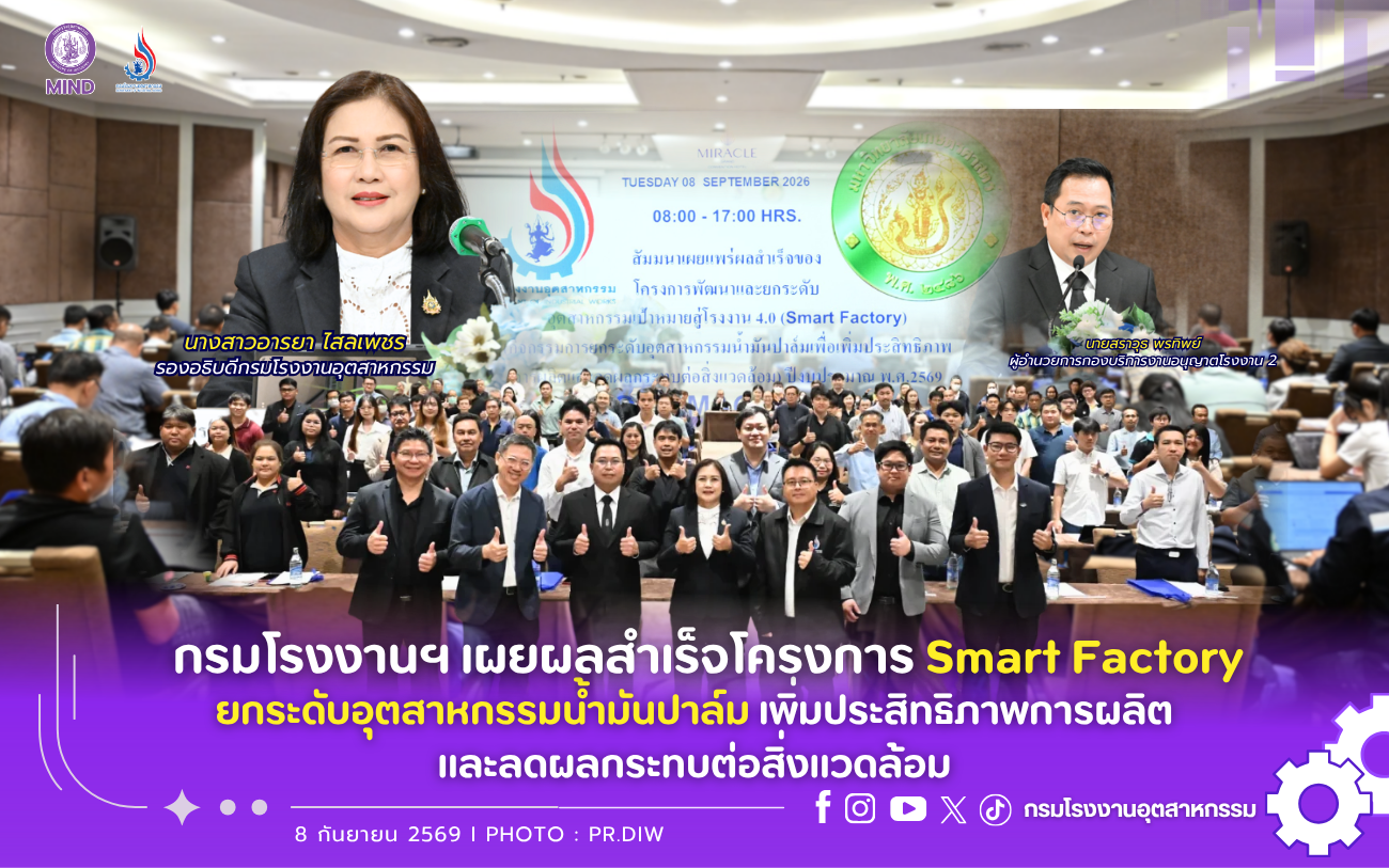 You are currently viewing กรมโรงงานฯ เผยผลสำเร็จโครงการ Smart Factory ยกระดับอุตสาหกรรมน้ำมันปาล์ม เพิ่มประสิทธิภาพการผลิตและลดผลกระทบต่อสิ่งแวดล้อม🏭🌱♻️