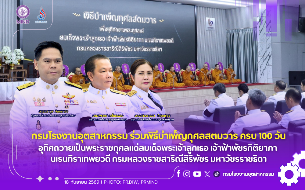 You are currently viewing กรมโรงงานอุตสาหกรรม ร่วมพิธีบำเพ็ญกุศลสตมวาร ครบ 100 วัน อุทิศถวายเป็นพระราชกุศลแด่สมเด็จพระเจ้าลูกเธอ เจ้าฟ้าพัชรกิติยาภา นเรนทิราเทพยวดี กรมหลวงราชสาริณีสิริพัชร มหาวัชรราชธิดา
